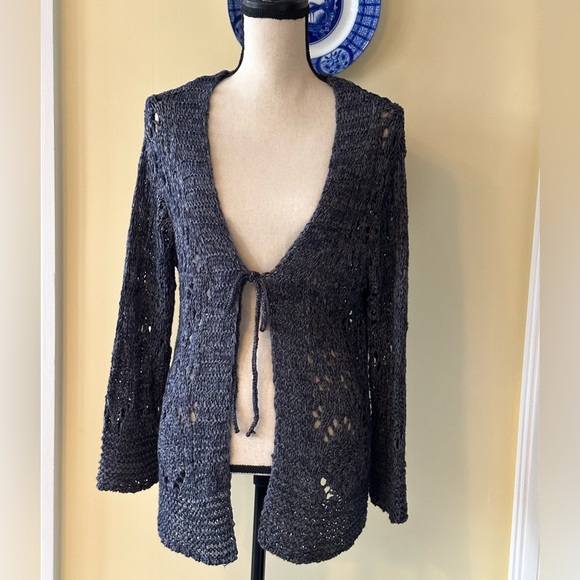 Ethyl | Tie Front Loose Knit/Crochet Sweater Cardigan in a Marled Dark Blue - Picture 1 of 6